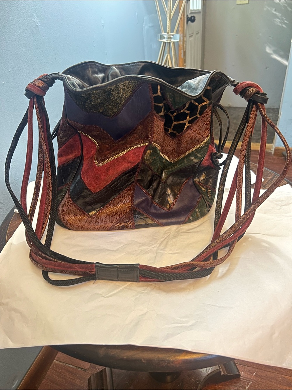Vintage Carla Marchi Italian Leather Patchwork Bucket Bag – Boho Drawstring Hobo
